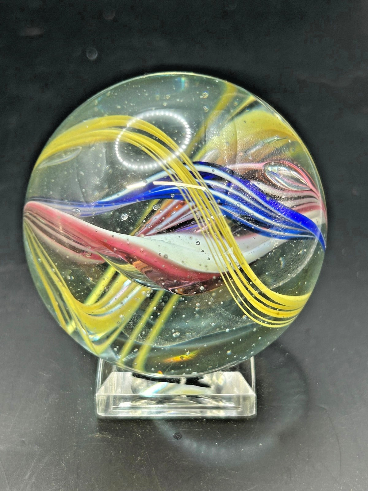 Antique German Divided Core Yellow Latticino Swirl Marble 1-5/8″ Mint E3.9