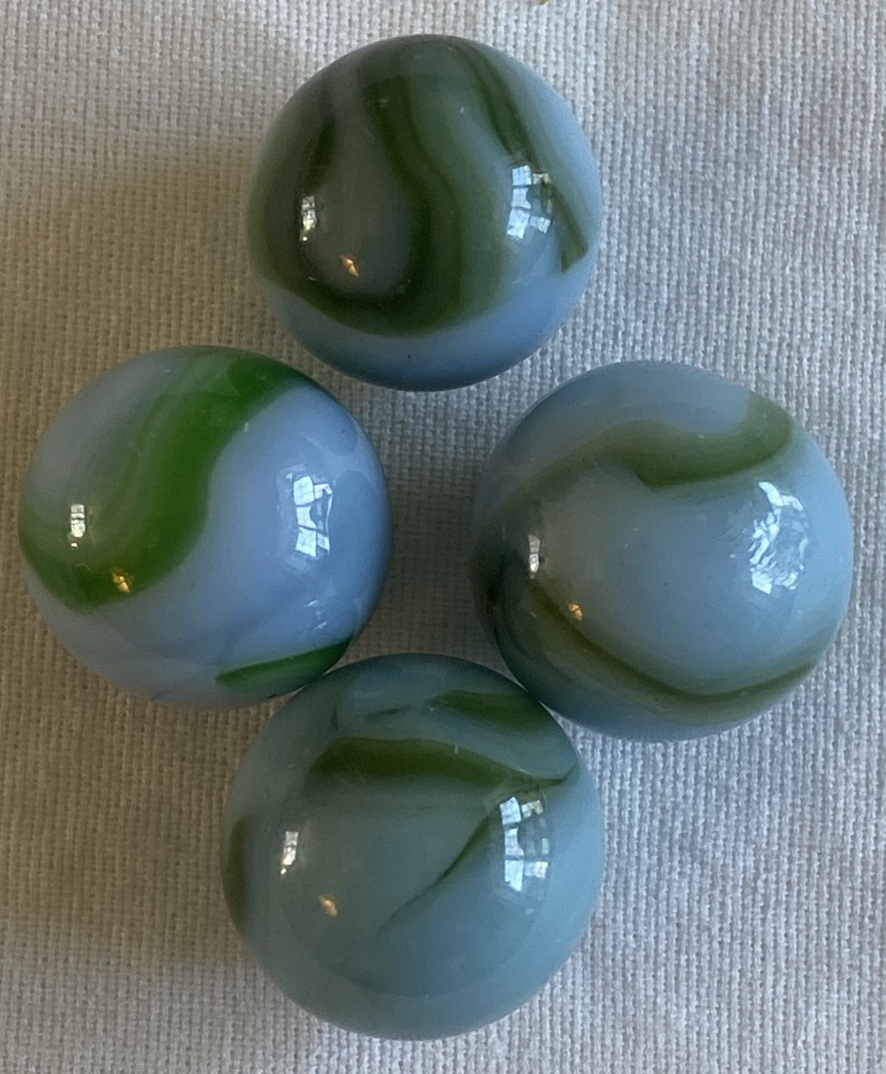 4 Vtg Alley Akro Agate Ravenswood Green & Lt Blue Swirl Marbles ~9/16” 1930s WW8