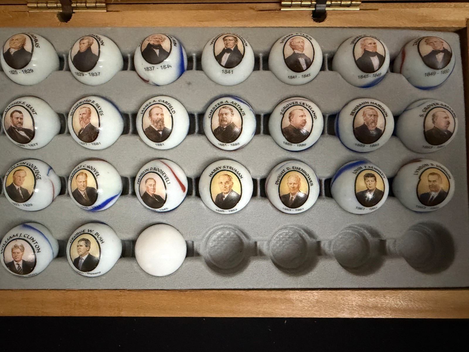 Mr. President Glass Marbles Set – 43 pcs w Busts & Dates & Wood Display Case