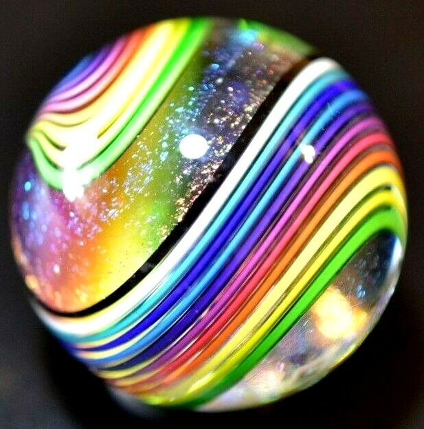 JAMES ALLOWAY GLASS MARBLE/1.238″-RAINBOW DICHROIC 1/2 SWIRL # 3130-SUPER FAST