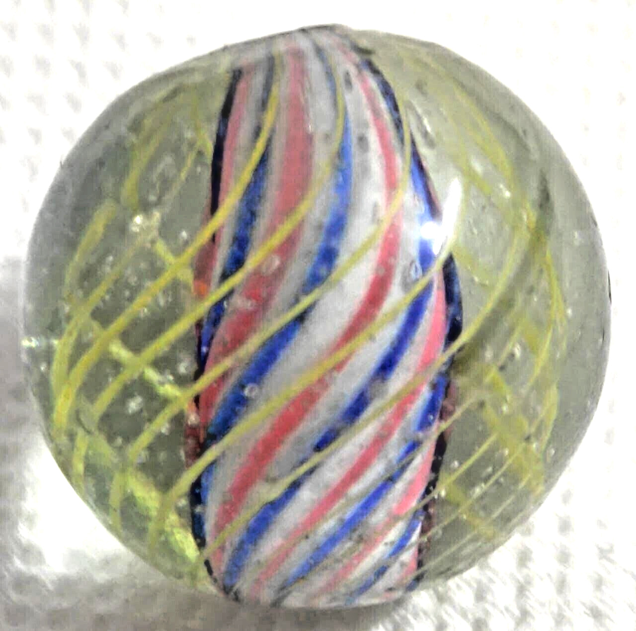 OLD 2 TOY MARBLES multi colored solid core caged 1 tri level ,2 blue base glass