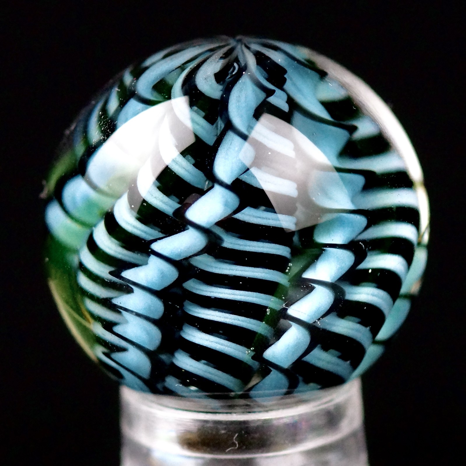 Bryan Trillas Glass Marble/Filigree Cane/UV Reactive/Black & Blue’s/ 0.8-0.9 in