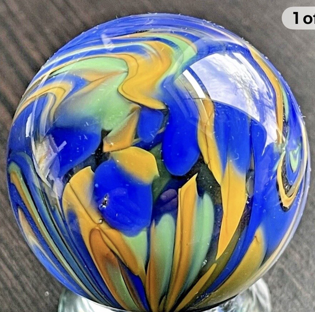 2001 EDDIE SEESE MARBLE GLASS ART HANDMADE MARBLE BLUE GREEN 1.73″