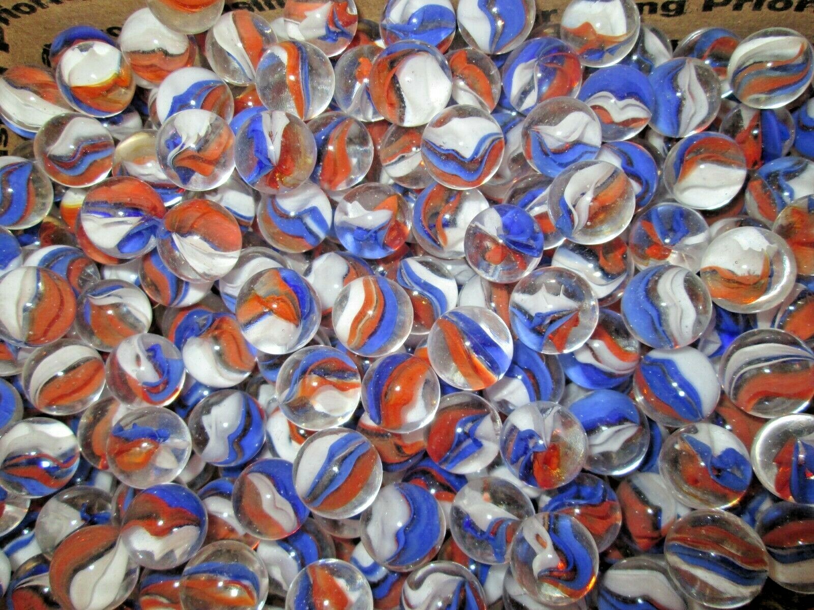 MARBLES 2 POUNDS 5/8 INCH RED WHITE & BLUE CATSEYE MEGA MARBLES