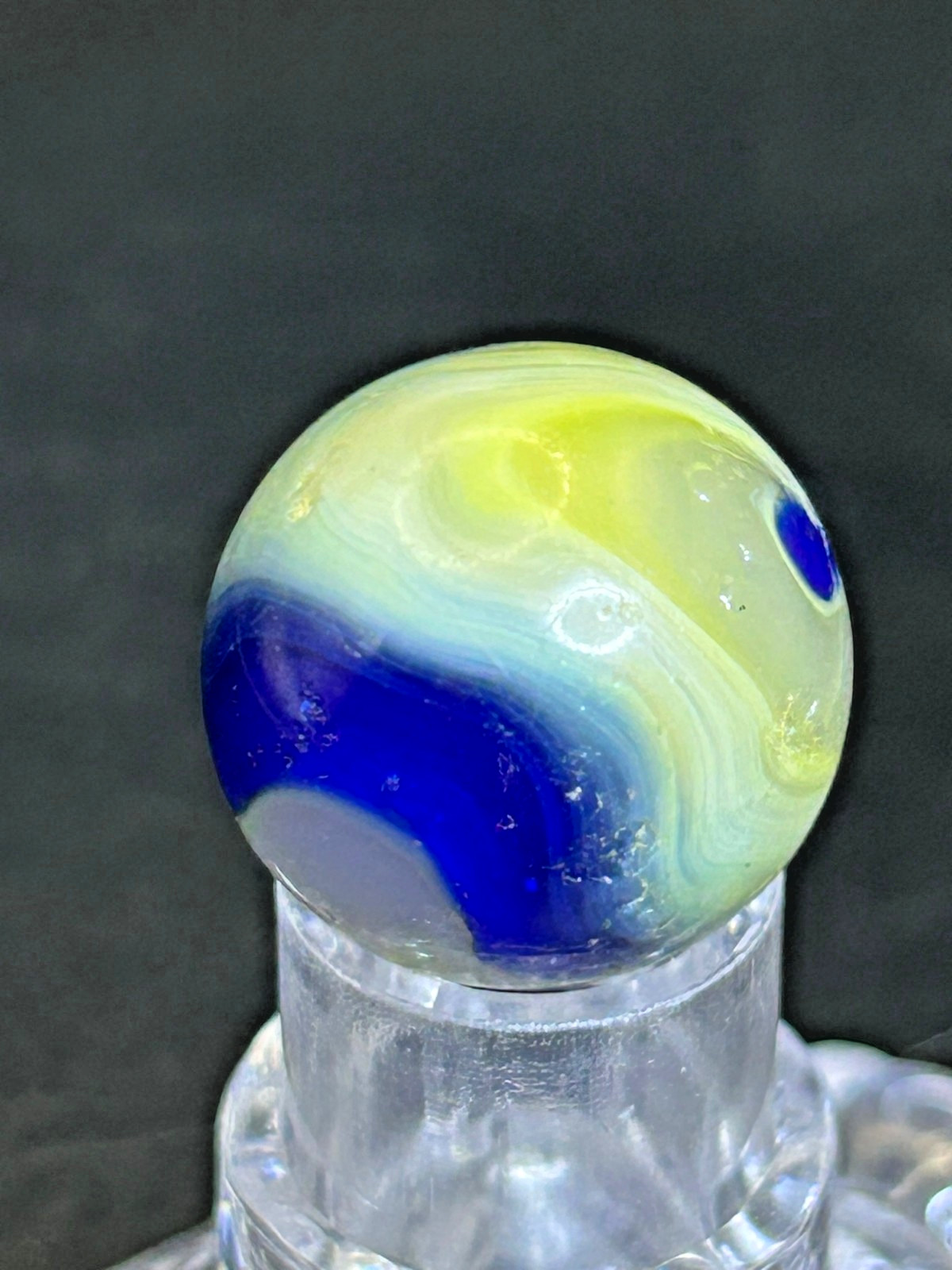 Vintage Akro Agate Blue “Egg Yolk” Popeye Marble, .74″, Near Mint, #OB9