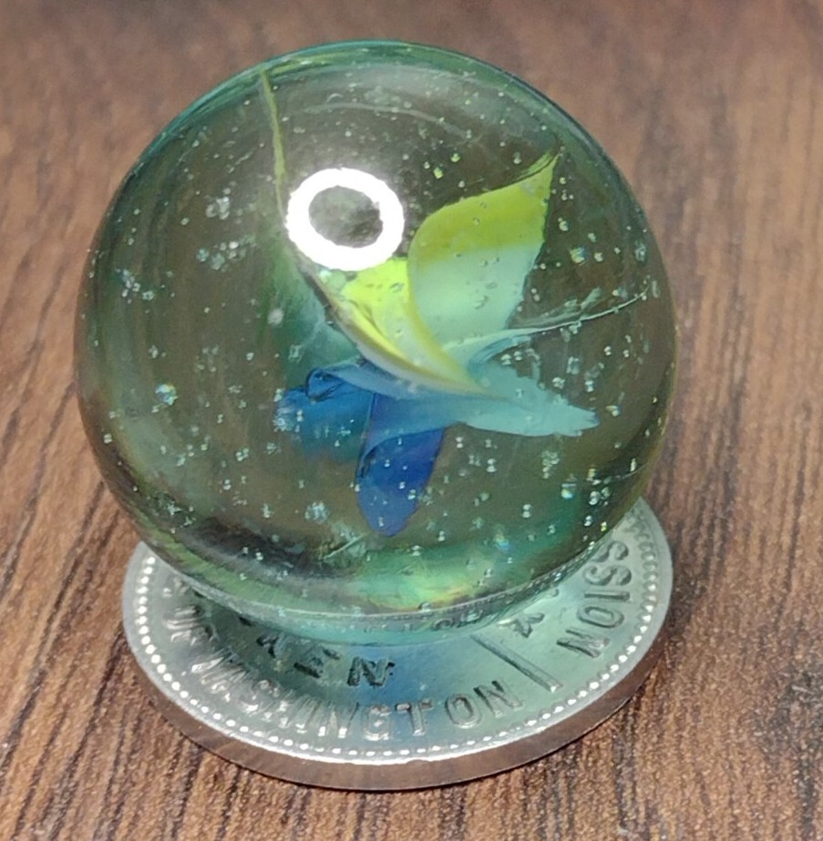 Blue Tri-Color NM .92″ LG Six Vane Ribbon Color Cateye Mystery Vintage Marbles