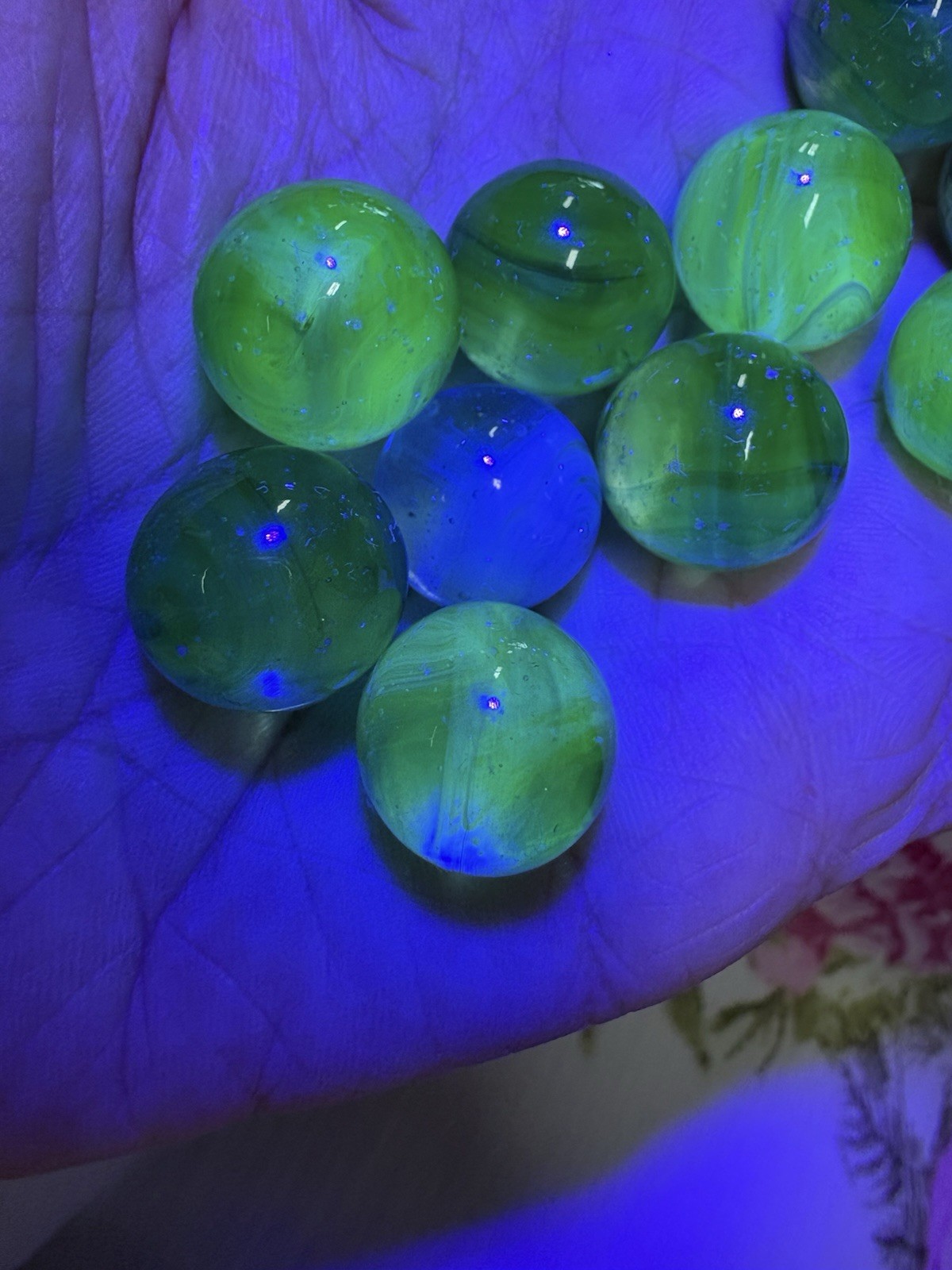Lot of 10 Blue Marbles Glow Green Under UV Reactive Glass Uranium Glass