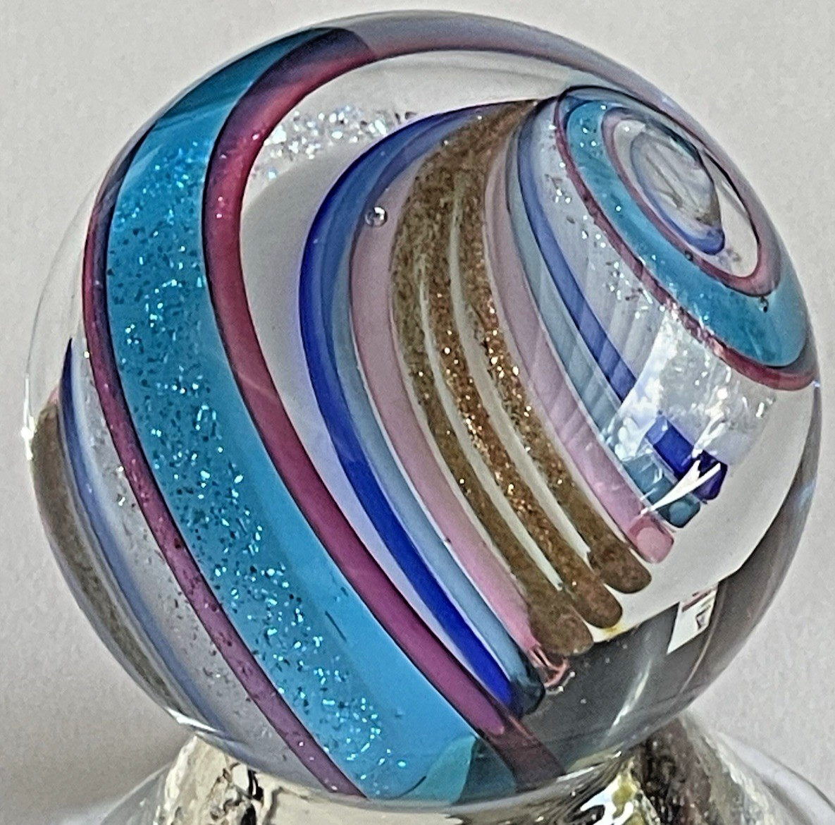 2017 EDDIE SEESE MARBLE HANDMADE GLASS ART 1.45″ DICHROIC SWIRL GOLD SILVER LUTZ