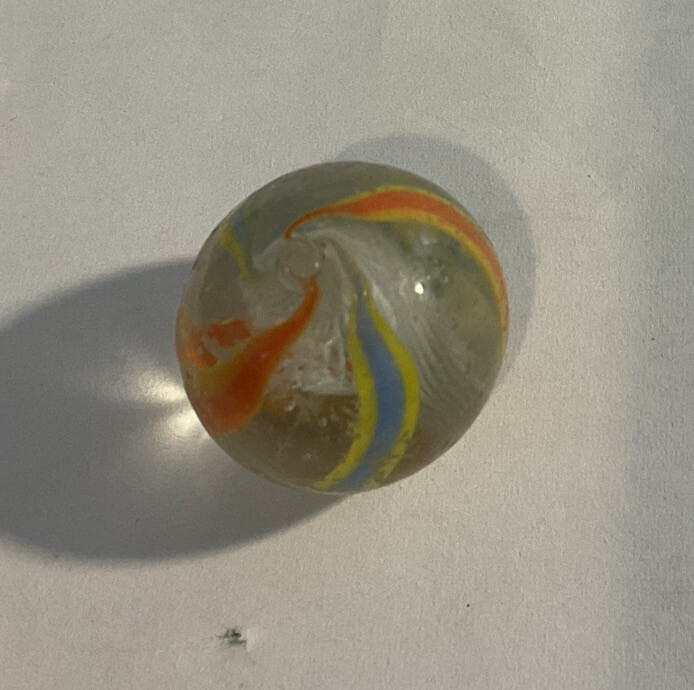 Vintage White Latticino Caged Swirl Marble Blue Orange Yellow Shooter 7/8″