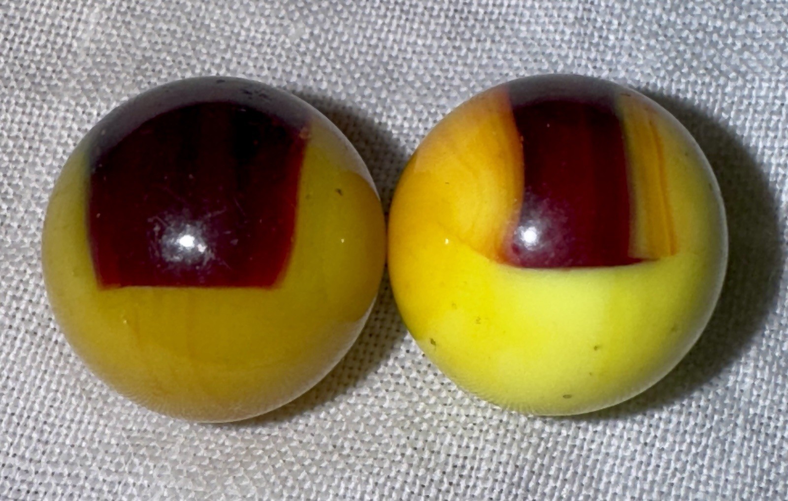 2 Vintage Akro Agate Patch Marbles, Both 0.62 in & NM+