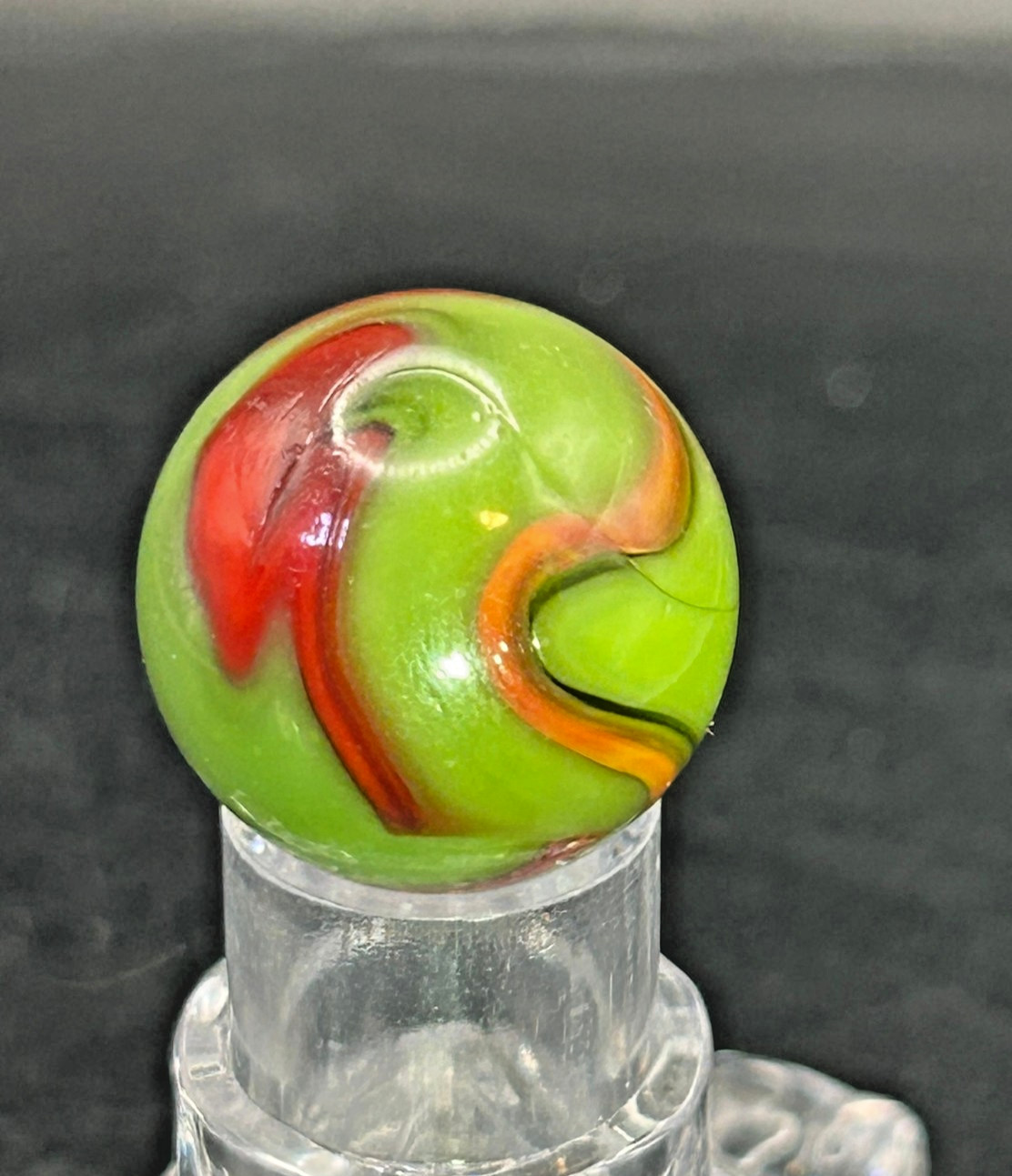 Vintage Peltier NLR Flaming Dragon Marble, Green Base/Red Ribbons, .79″, Mint, #