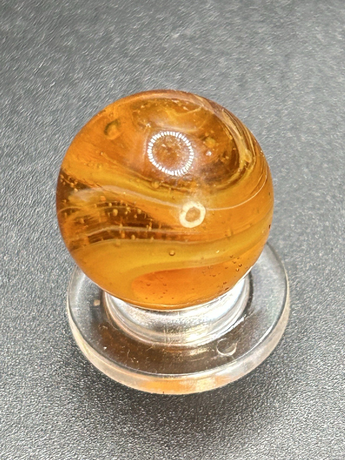 Vintage MF Christensen Amber Base 9 & Tail Marble w/Below Surface Pattern 0.709”