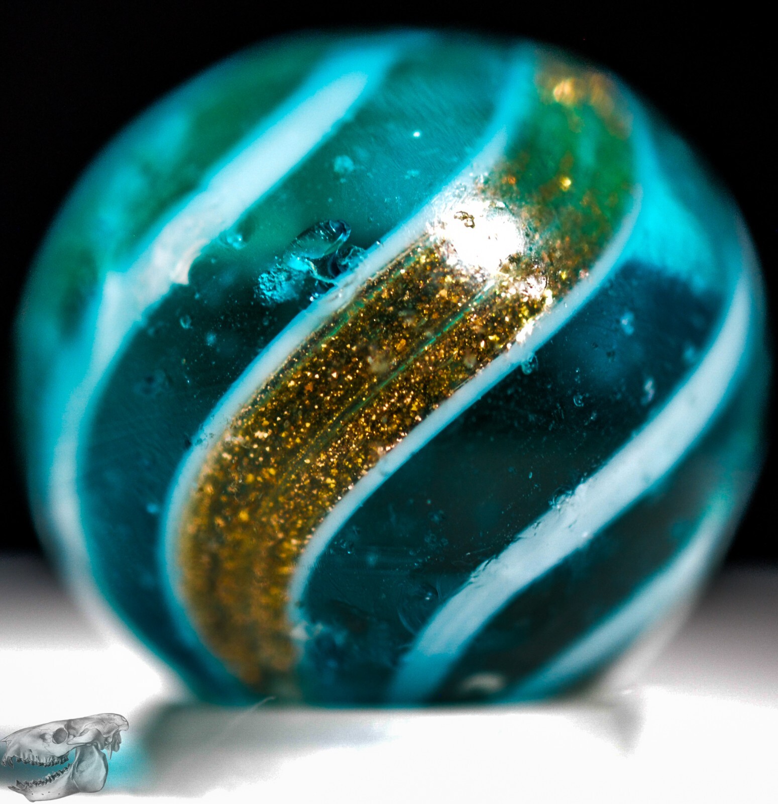 Handmade Banded Lutz Marble, Dark Aqua Glass 11/16 in, Near Mint- Germany, S1275