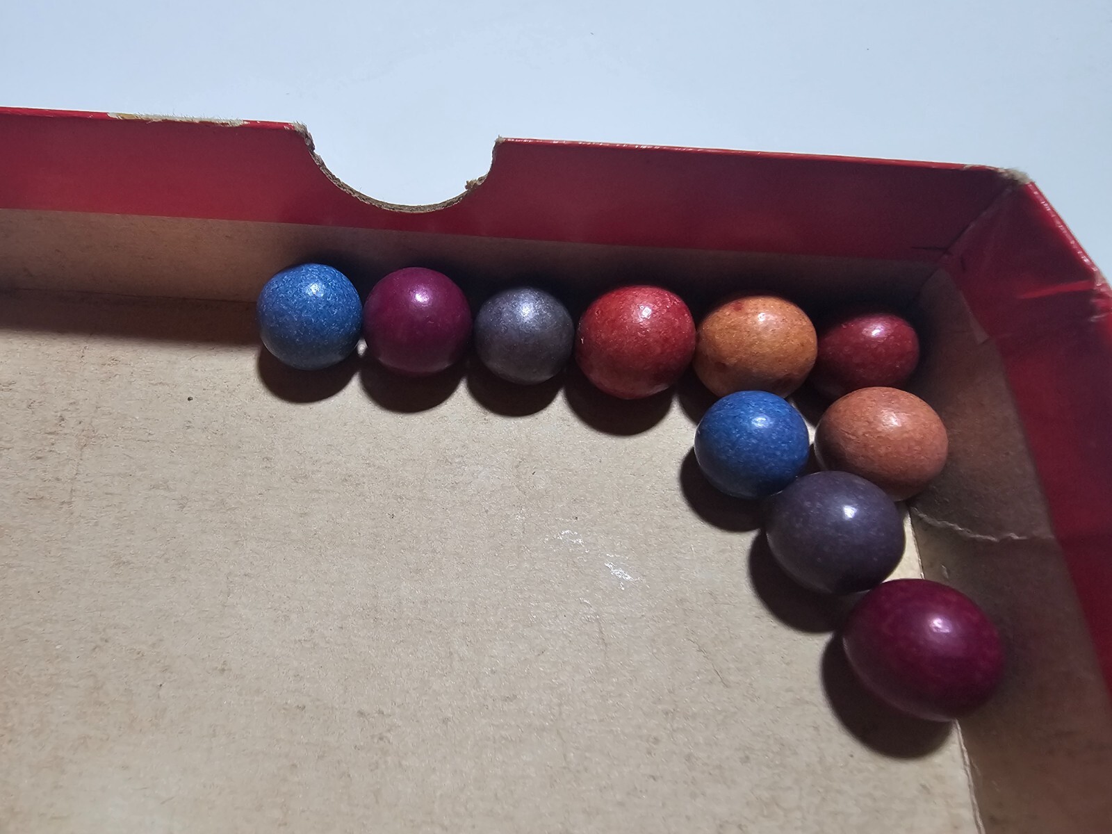 ~10~ CLAY MARBLES 5 DIFFERENT COLORS BLUE PURPLE PEACH RED GERMANY TOY