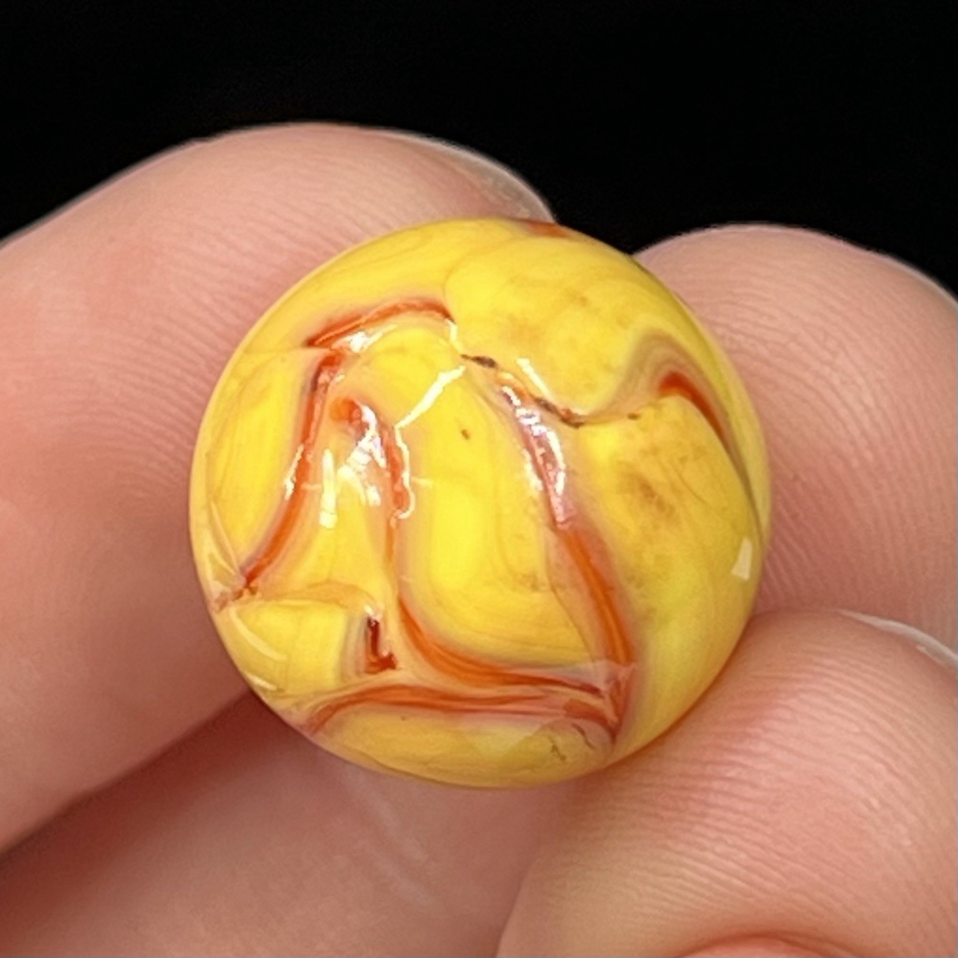 Vintage Glass Marble Akro Agate Peltier Christensen .61” Yellow Red Fire Swirl
