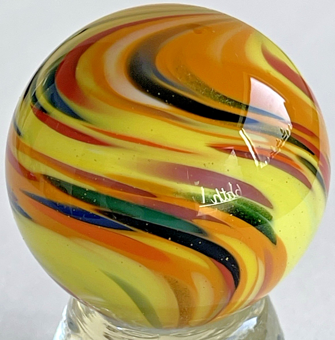 2015 RICK DAVIS MARBLE SIGNED HANDMADE GLASS ART 1.49″ ORANGE RED BLUE GREEN