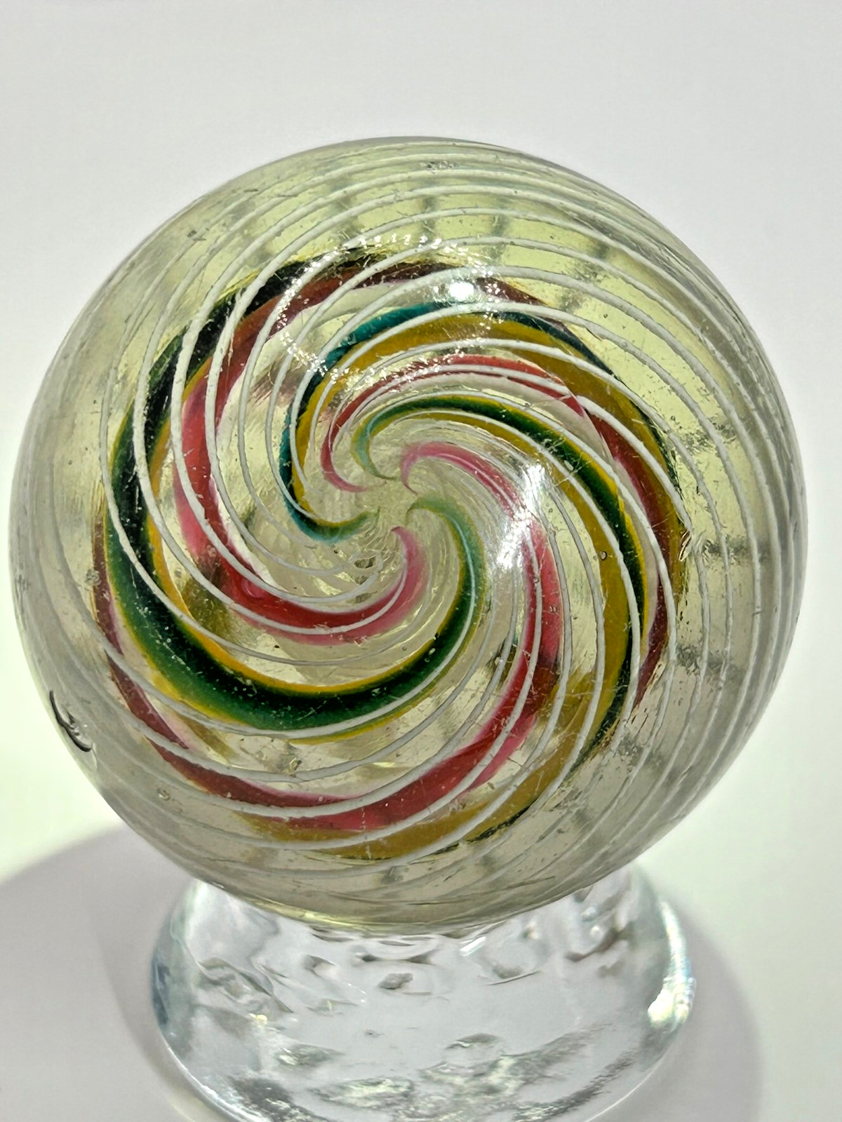 German 3-STAGE Latticino Core, Ribbon & Latticino Swirl Marble 2-11/64″ Mint-