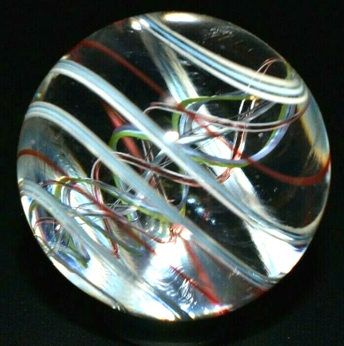 MASLACH? FINE? unsure GLASS MARBLE/1.264″-4 COLOR LATTICINIO TORNADO-CHERRY,TURQ