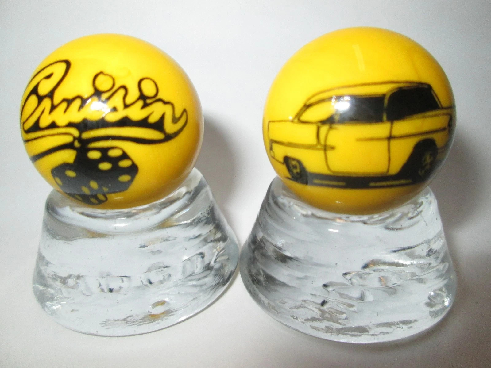 2 – 1955 CHEVY & CRUSIN FUZZY DICE ON YELLOW MARBLES