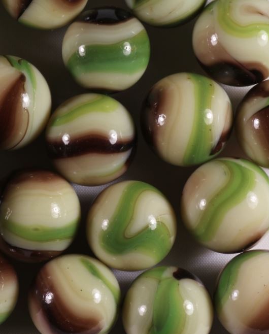Bulk 16mm Sloth Glass Mega Marble Players Pk 50 Tan w Brown & Green Swirls Vacor