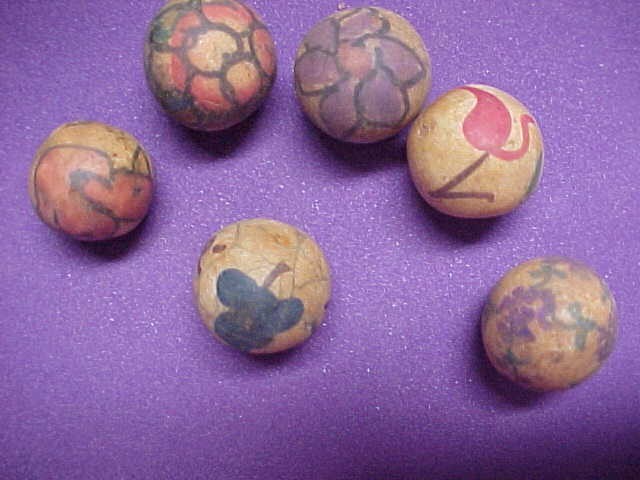 Group of 6 Hand painted Clay Marbles 5/8 to 3/4 in.Beautiful-Hard to find