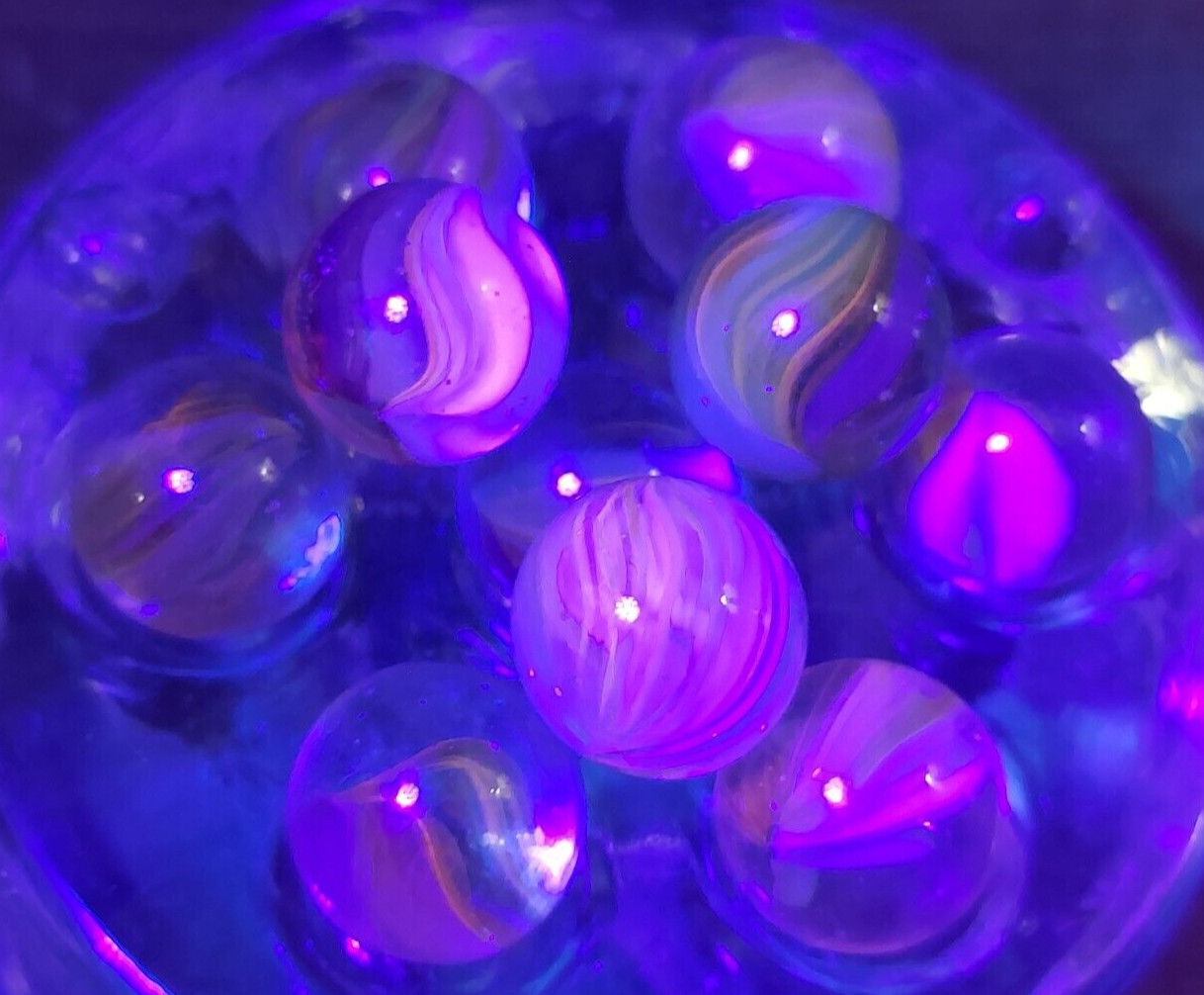 Lot 10 VTG UV Reactive Marbles Cadmium Uranium Cats Eye SMALL SIZE Unique!