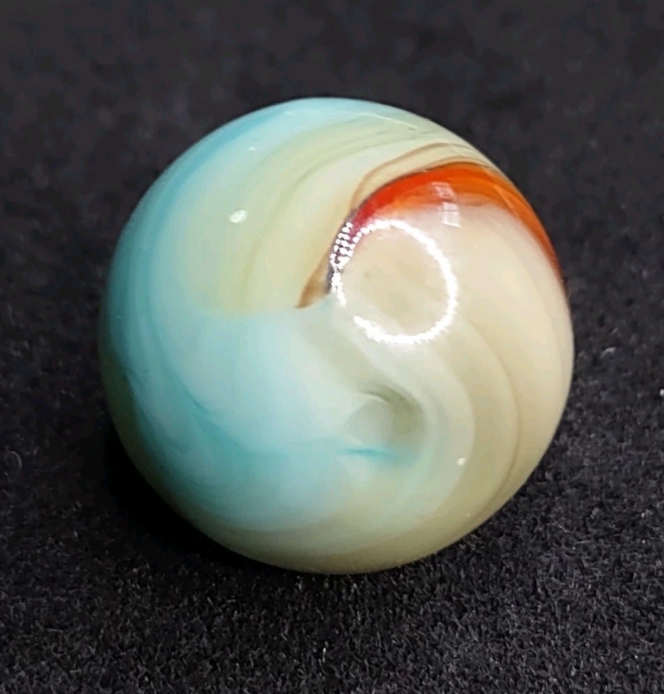 Aquamarine Blue & Red & Tan TRILITE Ribbon Swirl Glass Vitro Vintage Marble .62″