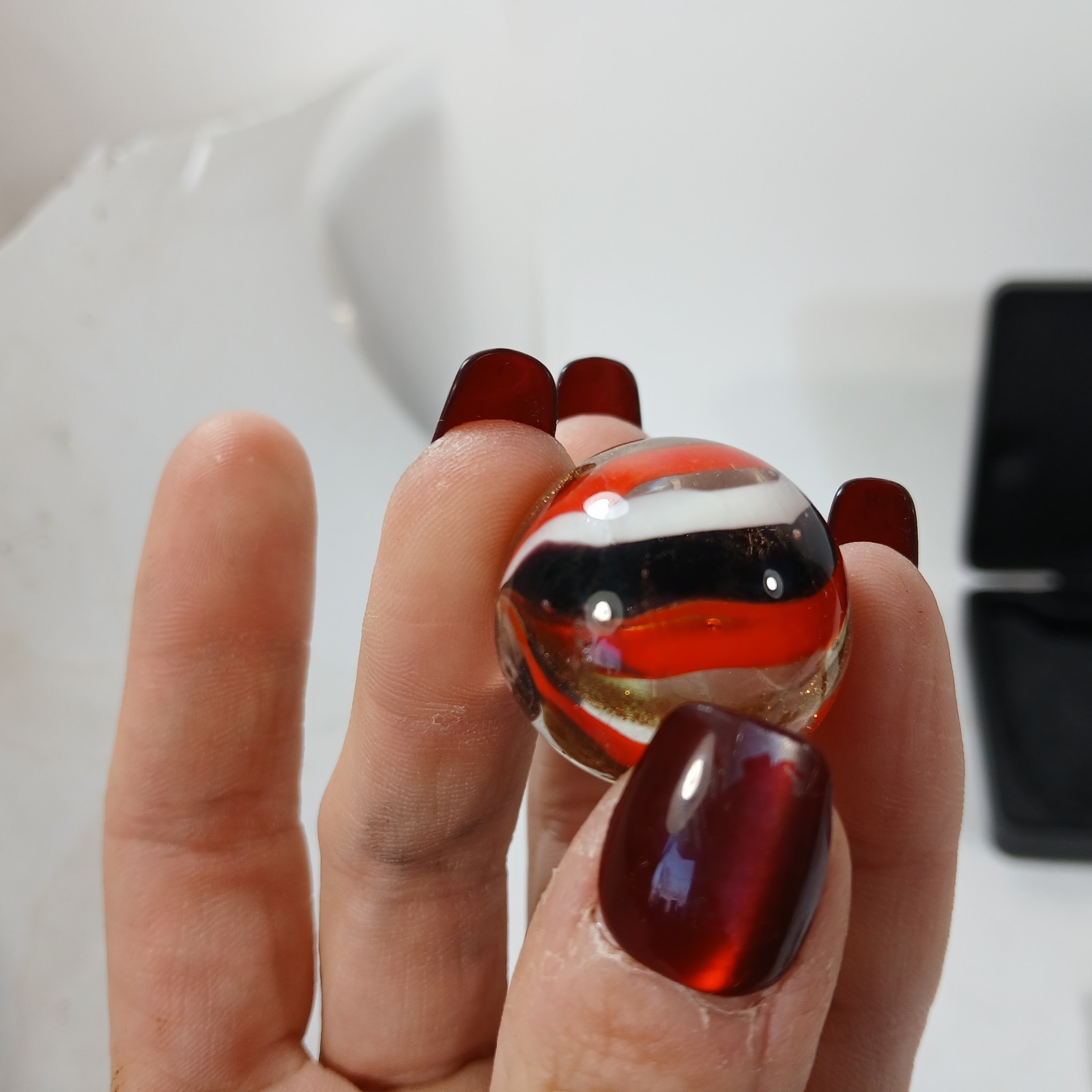 Red White Black Gold banded swirl 1″ Shooter Hot House? Glass Marble Lampwork