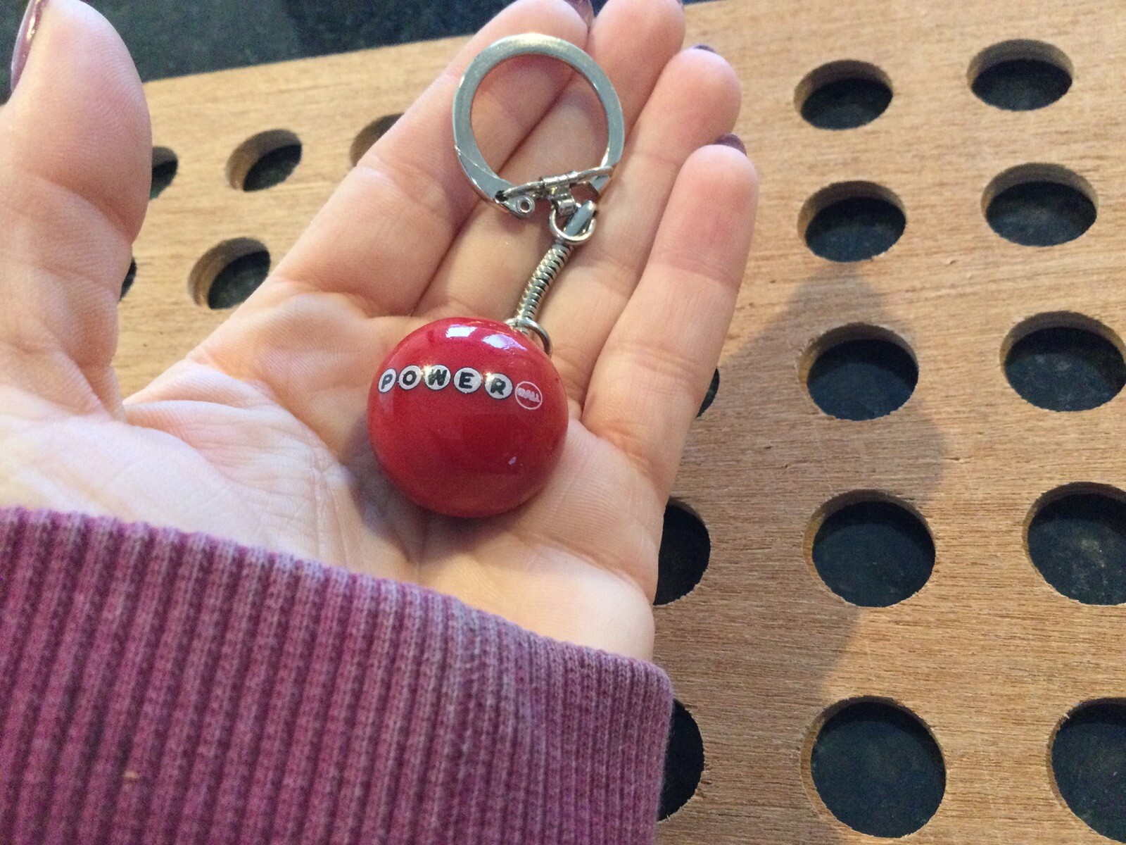 Vintage | “Powerball” | White and Black Print on Red | Marble Keychain