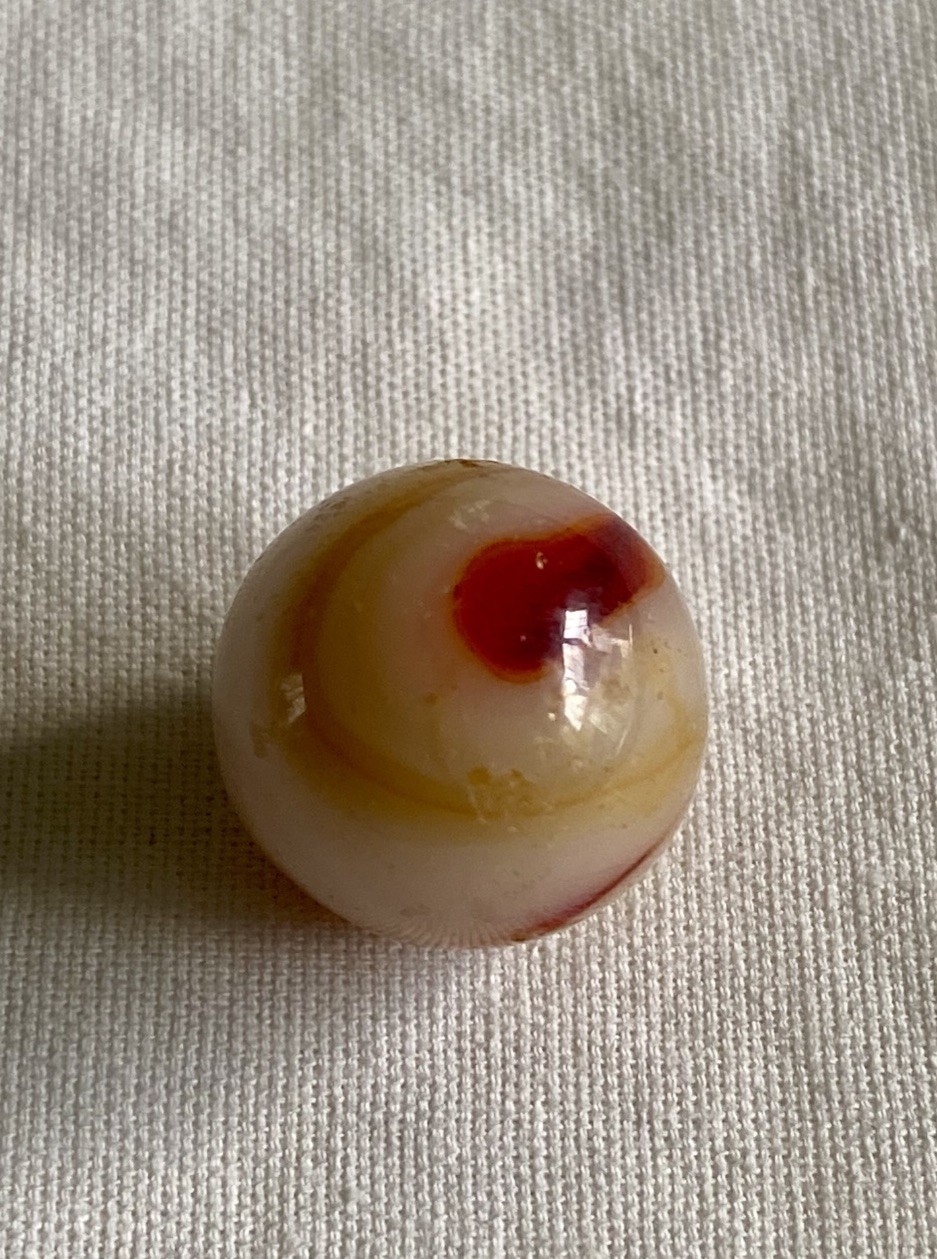 Pair Of Vtg Alley Agate Red & Yellow Swirl Marbles 1/2” & 9/16” (zzd7)