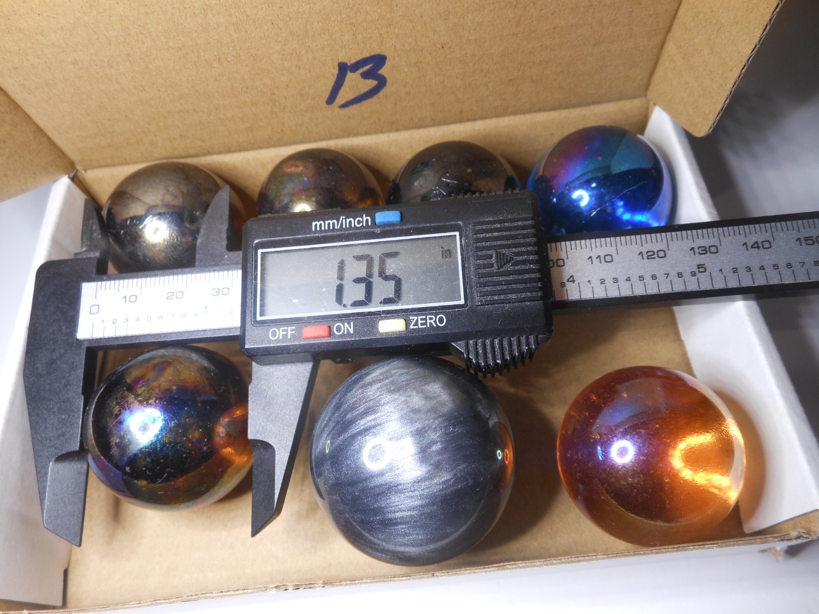 7pc Mix lot Vtg Marbles Iridescent Glass 1.57″, 1.35″x2, 1.34″x2, 1.33″, 1.27″
