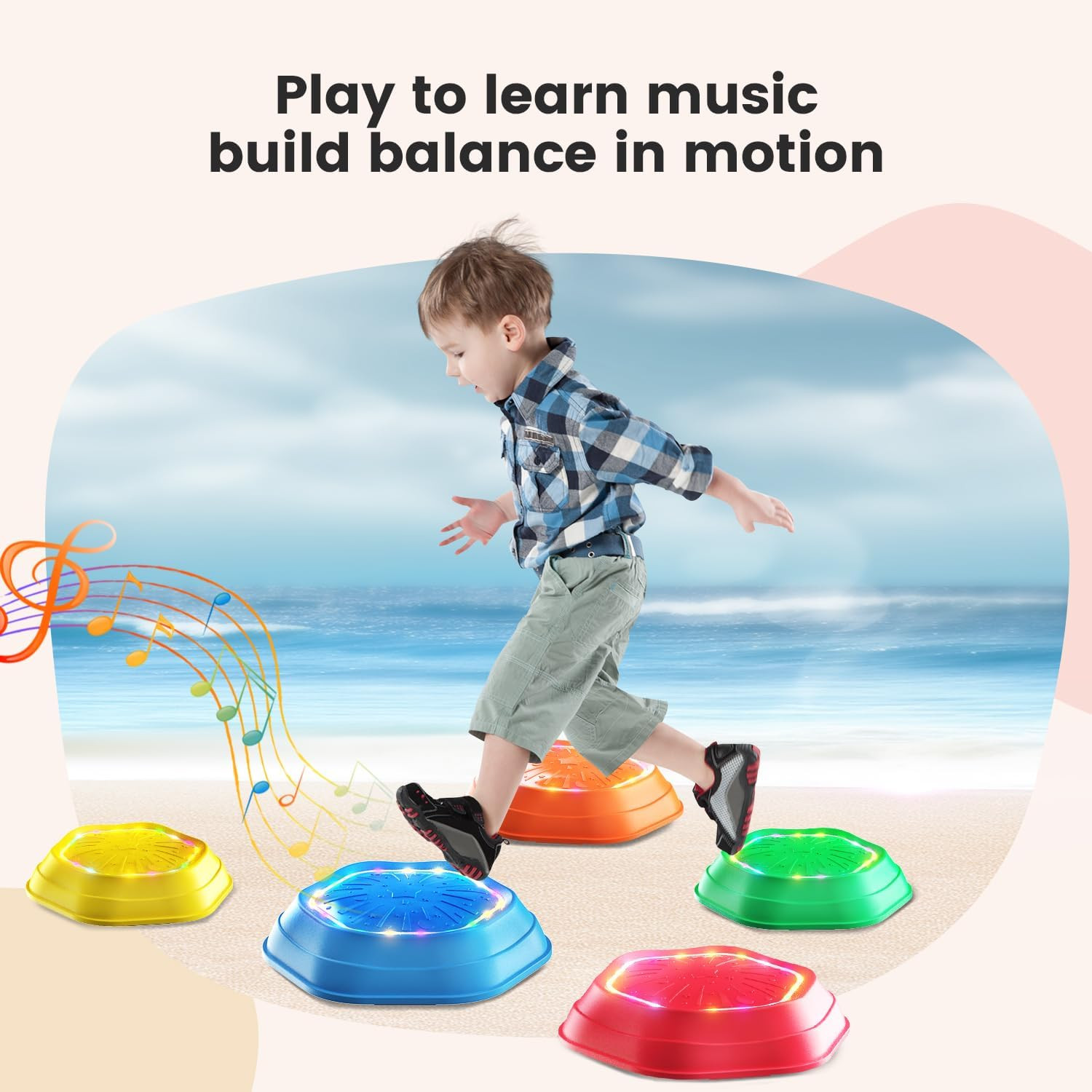 Holyton Light up Musical Stepping Stones for Kids, 5 Pack Sensory Balance Steppi