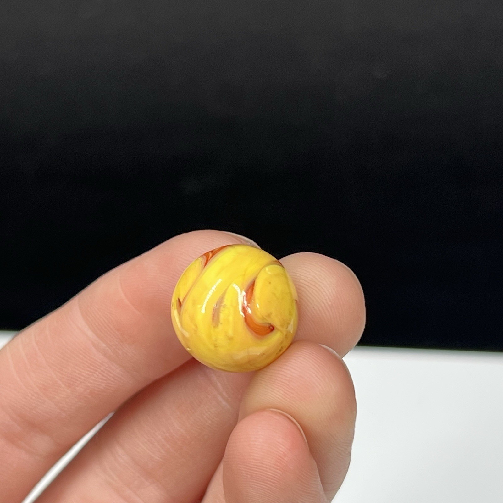Vintage Glass Marble Akro Agate Peltier Christensen .61” Yellow Red Fire Swirl
