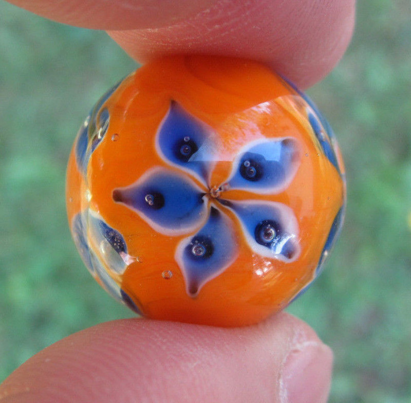 22mm MORNING GLORY flower Handmade art glass orange Marble ball 7/8″ SHOOTER