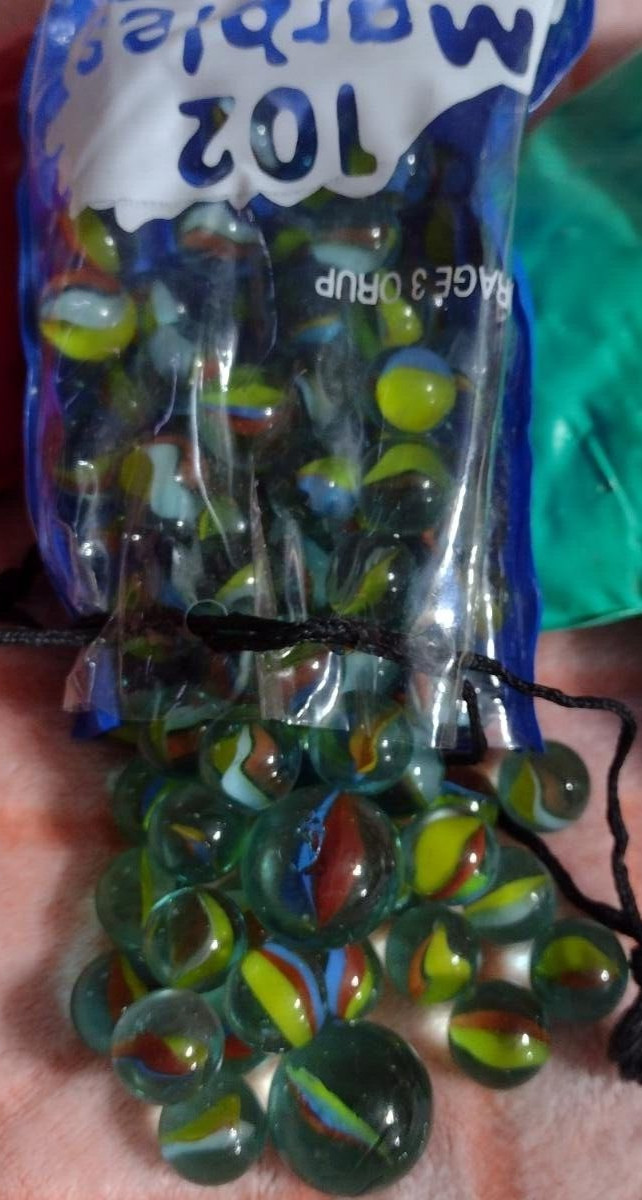 Vintage Opened “B”Vinyl Bag of 102 Tri-colored Cat’s Eye Marbles with 2-Shooters