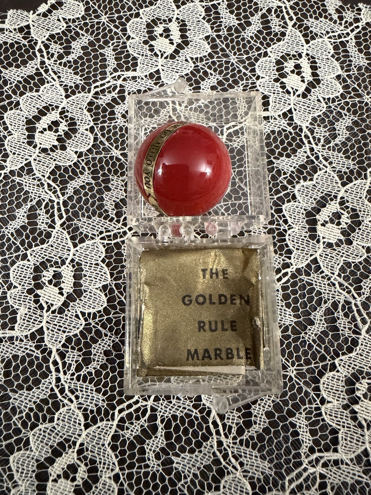 Vintage 1960’s Golden Rule Ruby Red Marble In Original Plastic Case With Paper