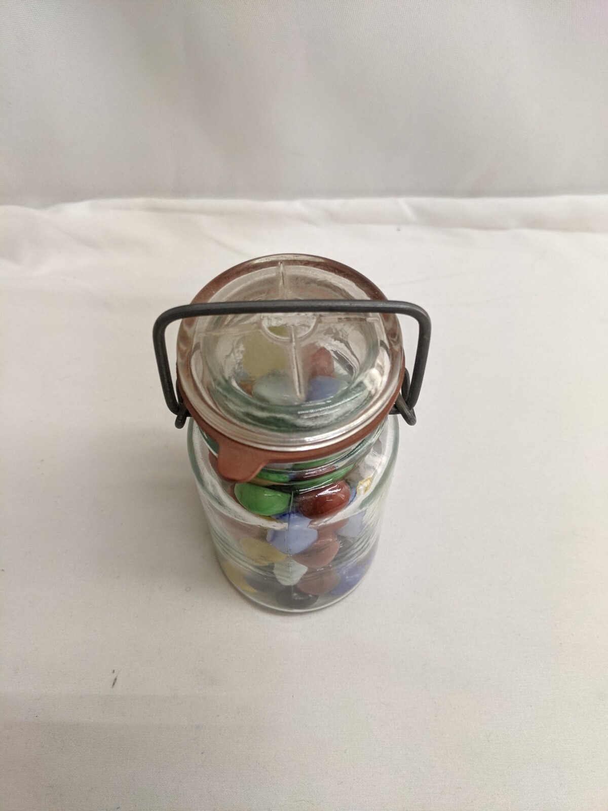 Vintage Marbles In Wire Lock Mason Jar 5 1/4″ x 2 1/2″ Lot of 67 Marbles LW