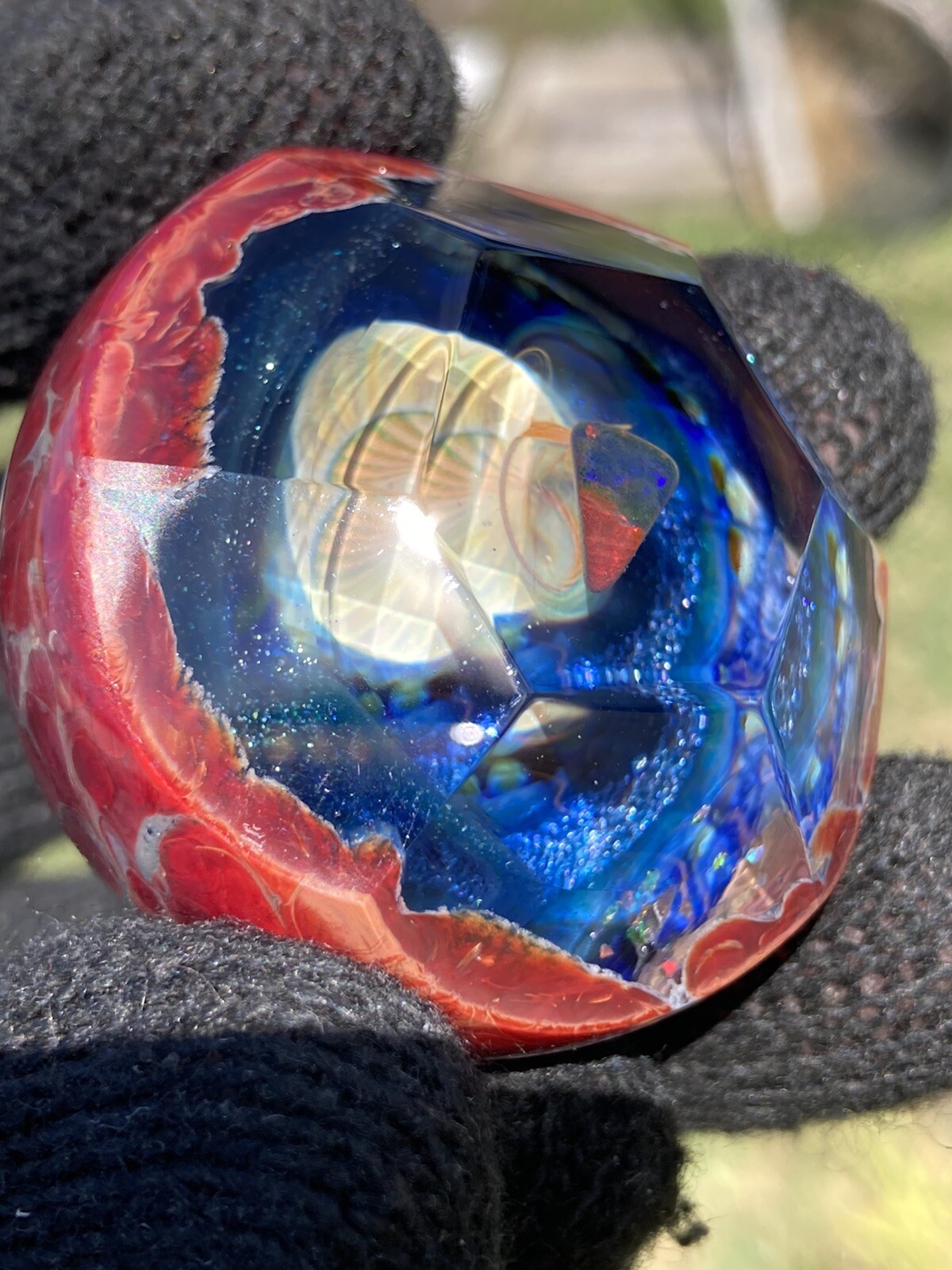 Glass Boro Marble 41mm W/ Opal Stone Hand Made Art Faceted ￼space Sculpture