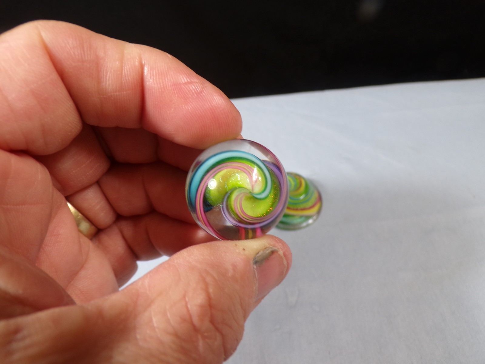 Bobbie Seese Contemporary Multicolored Art Glass Marble w/ Matching Glass Base