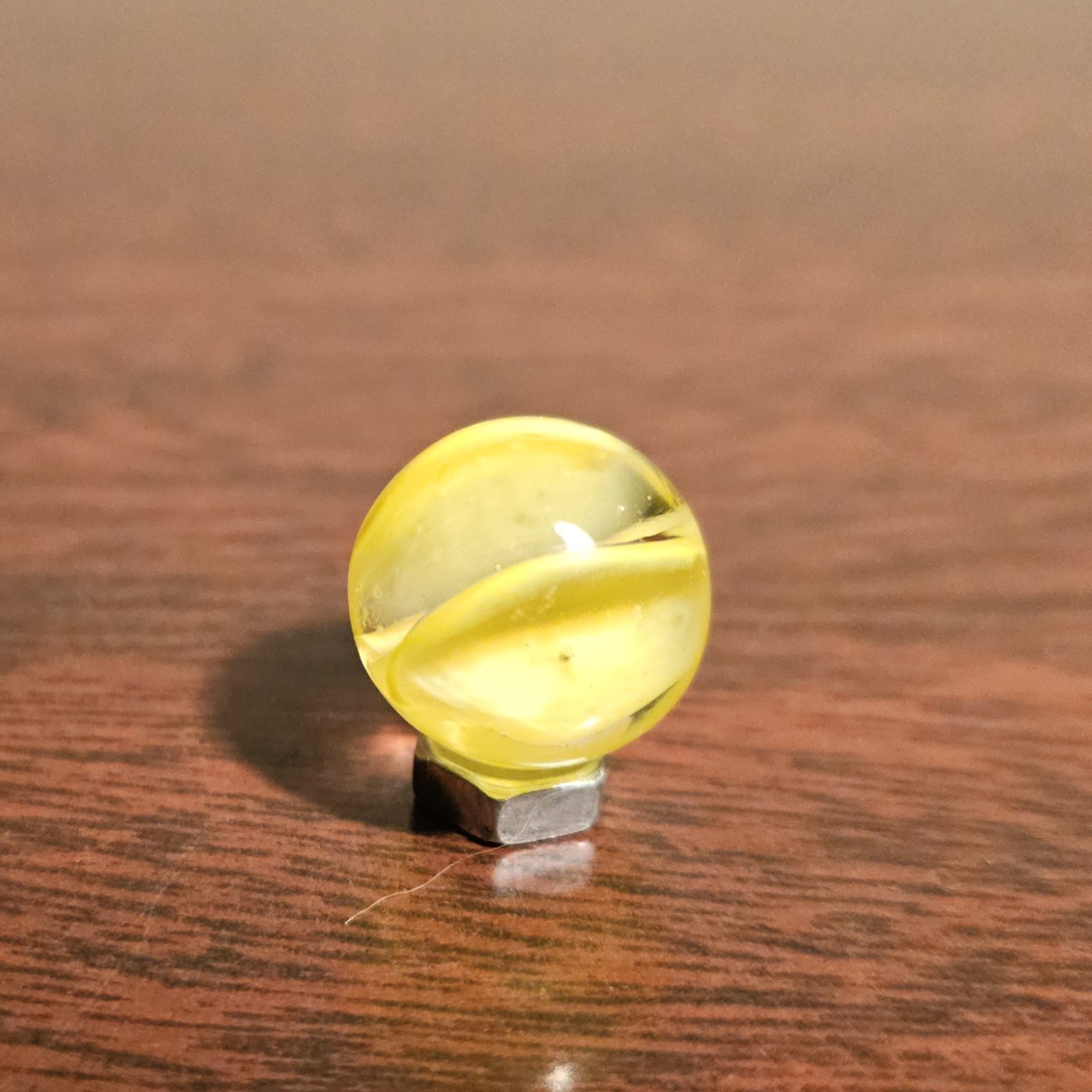 C E Bogard Yellow Cadmium Glow 4 Lobe Cats Eye Clear Glass .593 Marble