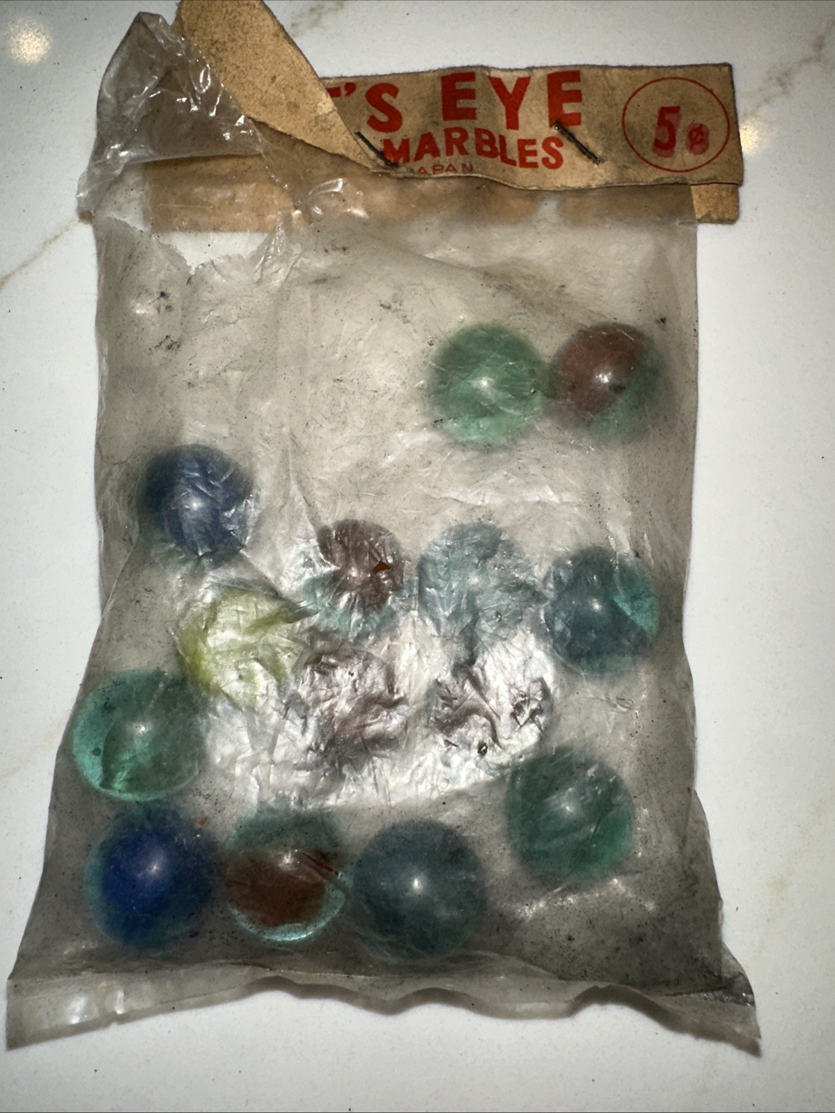 VINTAGE 1950’S? JAPAN 1 BAG Of 14 SUN BRAND CATS EYES GLASS MABLES