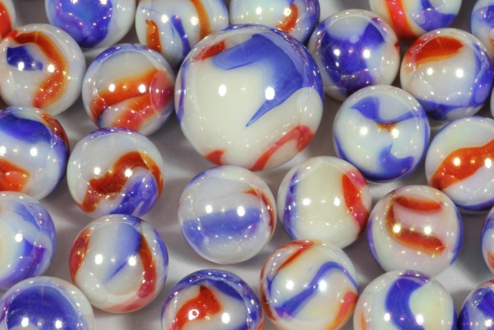 Net Bag of 25 BOZO Mega Marbles Red White and Blue RETIRED Vacor