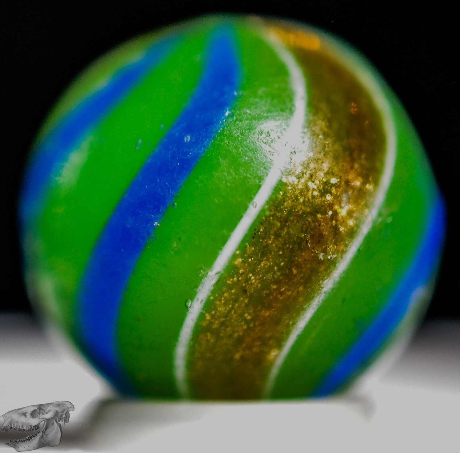 Handmade Banded Lutz Marble, Rare Opaque Green Glass 11/16 in Collectible S1288b