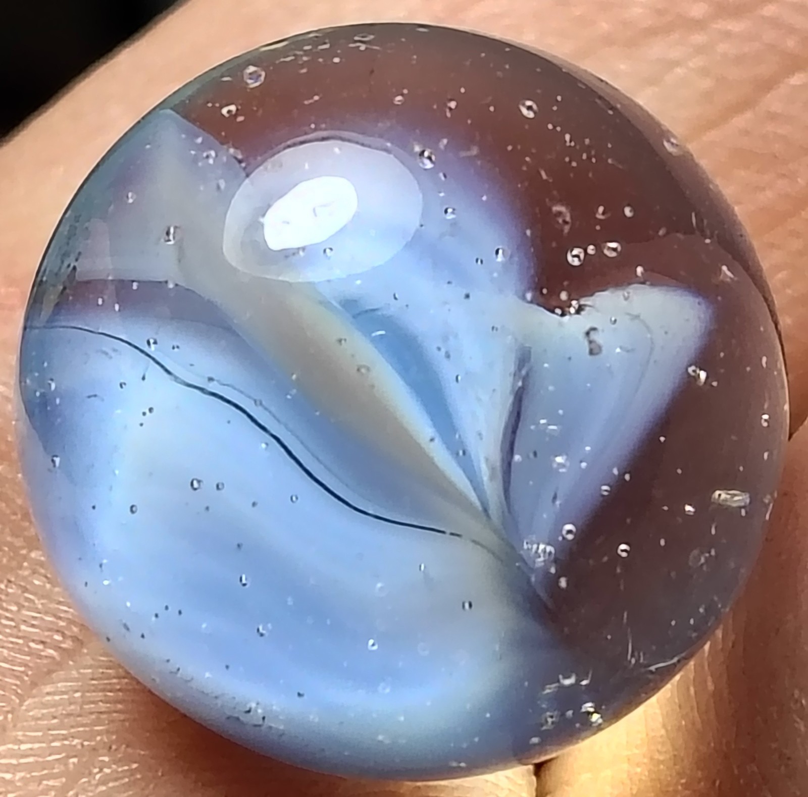 Vintage Fancy Four Vein 0.59″ White Blue Cats Eye Marble Ox Hair? Peltier Glass