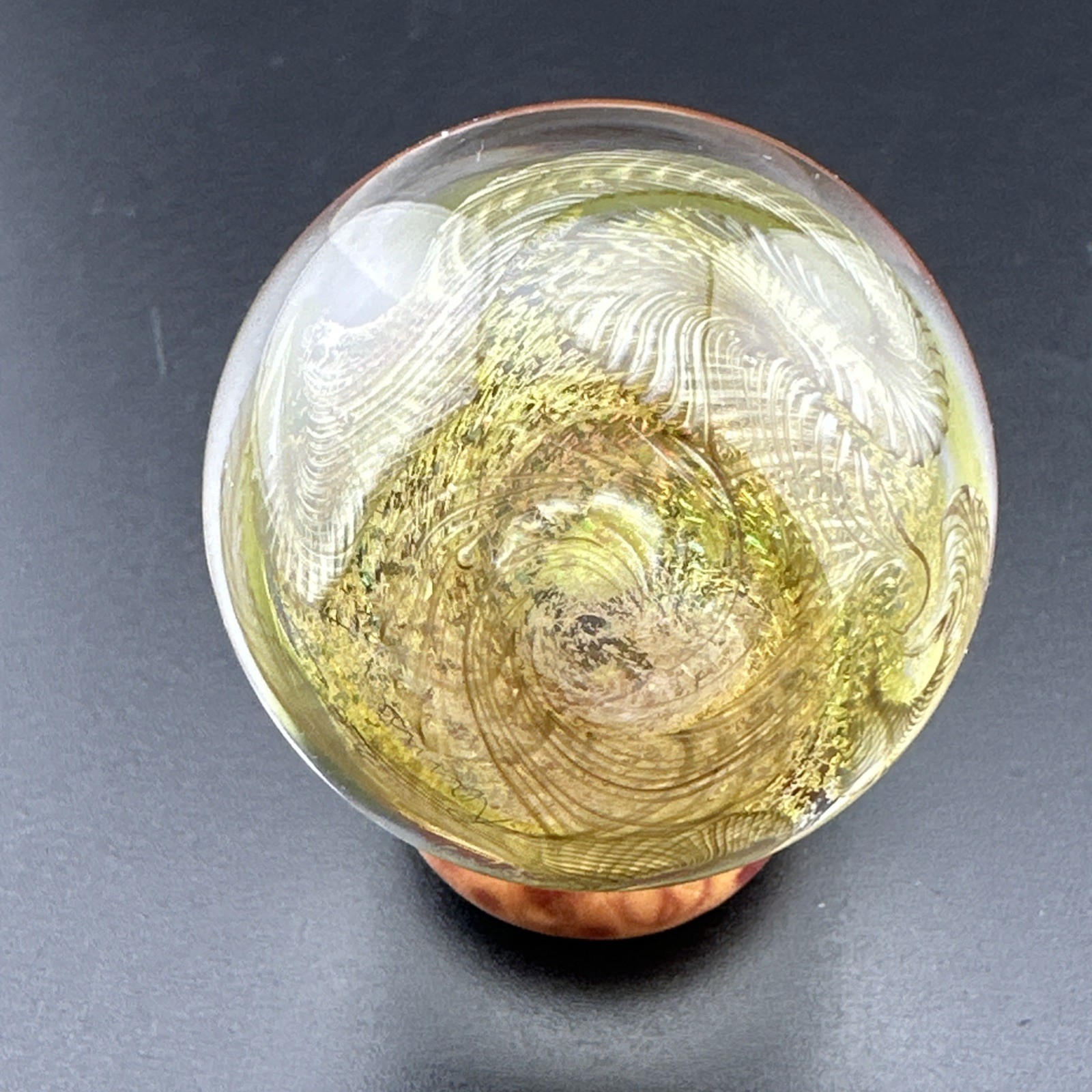Contemporary Handmade Art Glass Marble 1.59″ Sparkly Gold Opal Vortex + UV Glow!