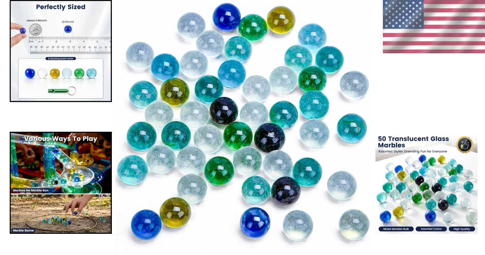 50 Pcs Multicolored Glass Marbles with Free Whistle for Kids’ Games