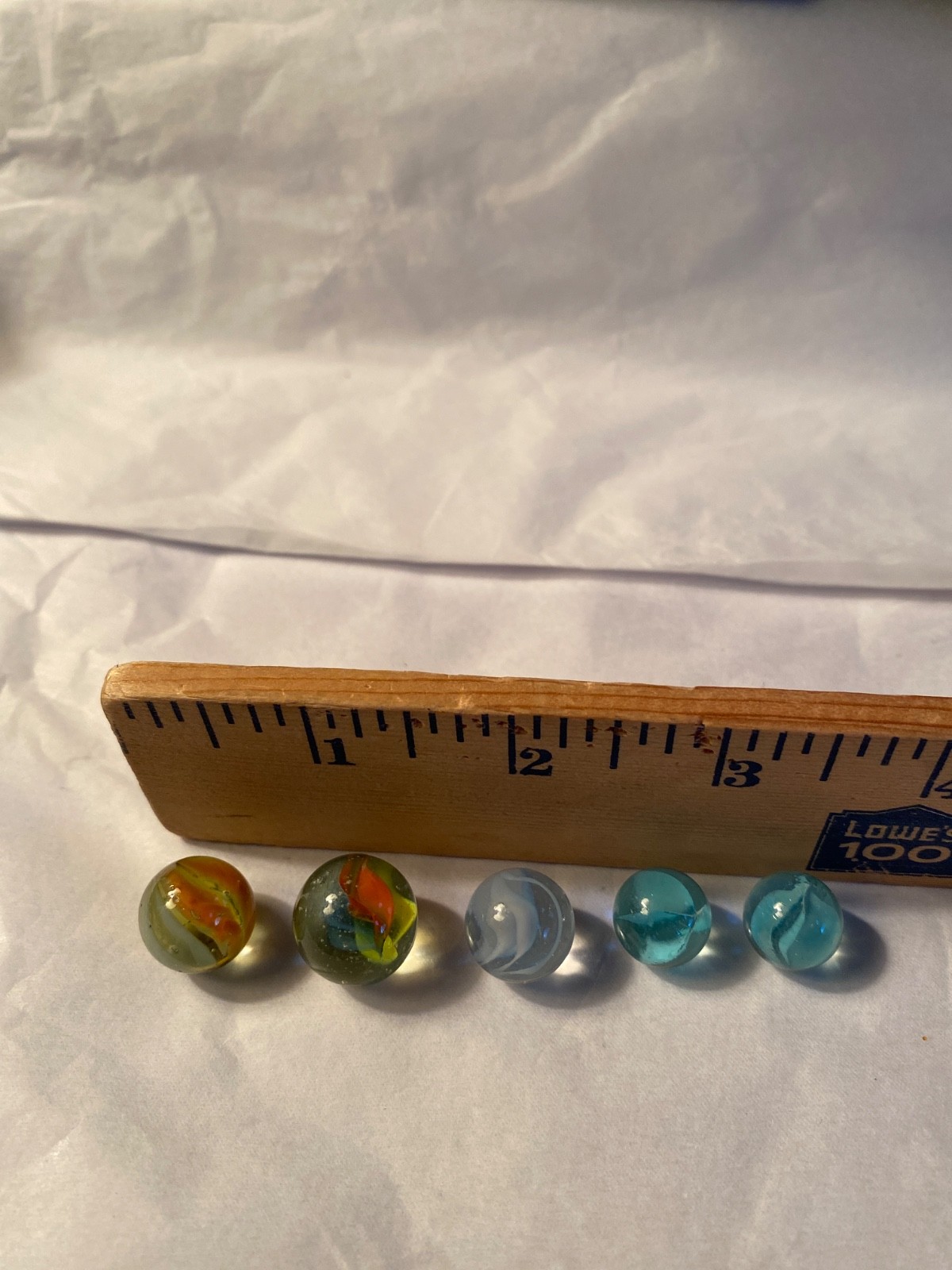 5 VINTAGE MARBLES (includes 2 Tiny Marbles) All Clear w/Color thru out