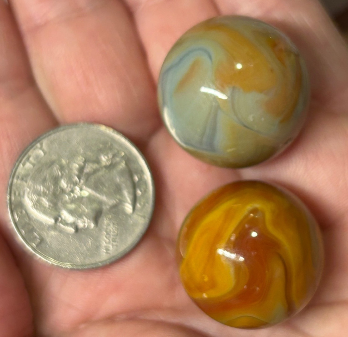 Vintage JABO Glass Swirl Art Marble Shooter Pair 1″ As-Made Factory Crease Marks
