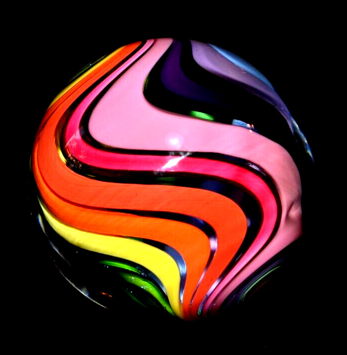 EDDIE SEESE GLASS MARBLE/1.998″-RAINBOW DRT w/FILIGRANA CANE-MAGENTA,LIME,VIOLET