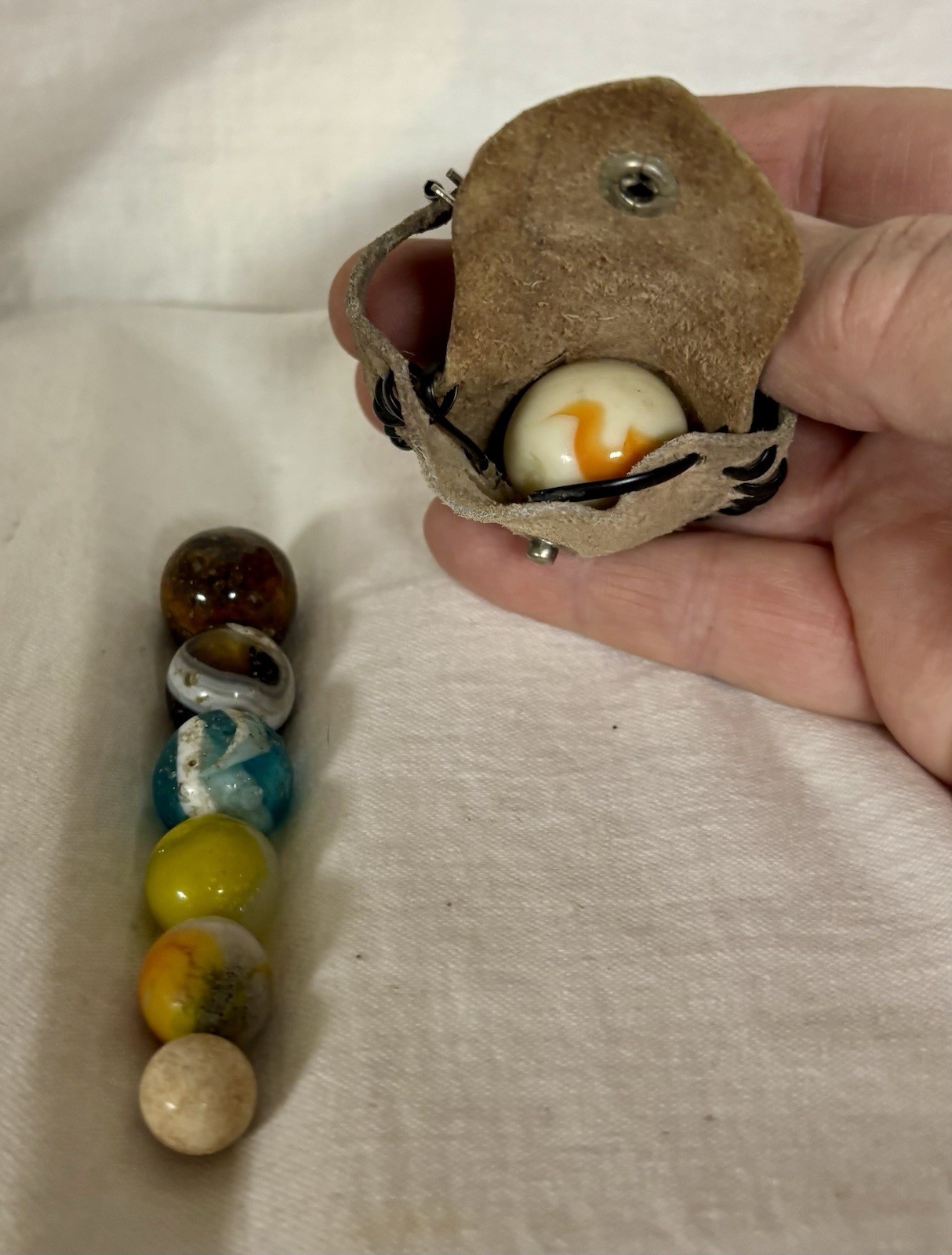 Vintage Marbles, Set of 7, Plus Leather Marble Pouch